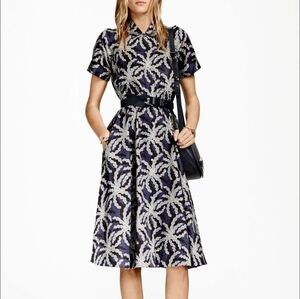 Brooks Brothers by Zac Posen Navy Leaf Print Midi Shirt Dress Size 14P